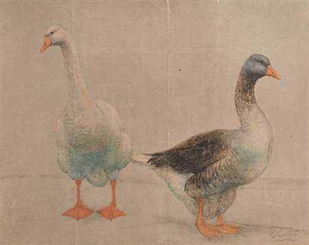 Romeo Costetti (Reggio Emilia, 1871 - Roma, 1957) Due oche Pastelli su...
