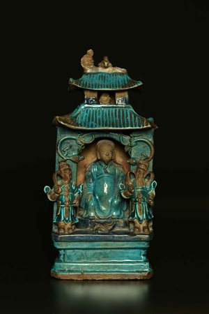 Arte Cinese Modello di pagoda in ceramica turchese con attendenti Cina,...
