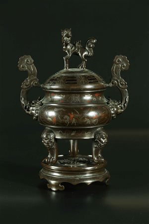 Arte Cinese Incensiere in bronzo con intarsi in argento e rame Cina...