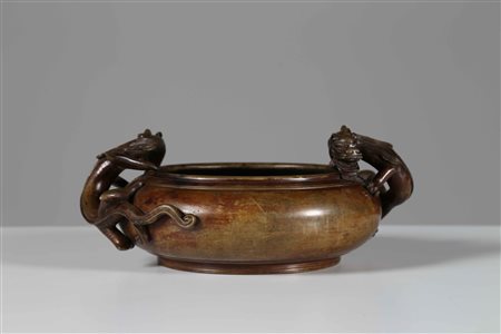 Arte Cinese Incensiere in bronzo con manici a chilong e marchio a sigillo...
