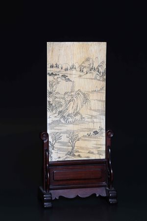 Arte Cinese Piccolo schermo da tavolo rettangolare in avorio con paesaggio...