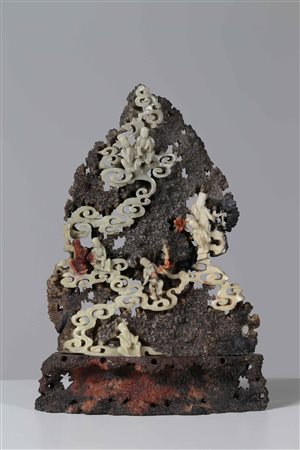 Arte Cinese Intaglio in pietra saponaria bicolore raffigurante gli otto...