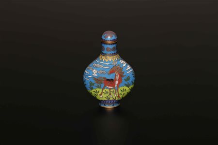 Arte Cinese Snuff bottle cloisonné con caprette e cavalli Cina, dinastia...