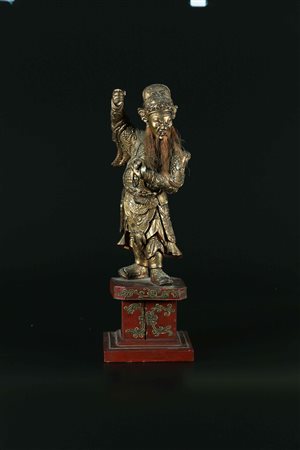 Arte Cinese Scultura in lacca dorata e rossa raffigurante un Lokapala Cina,...