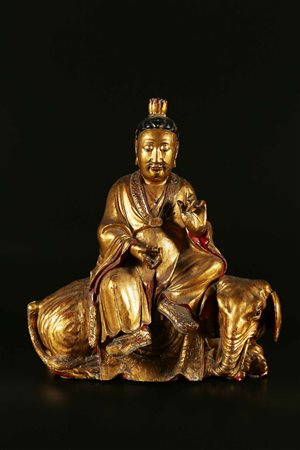 Arte Cinese Scultura in legno laccato e dorato raffigurante Samantabhadra...