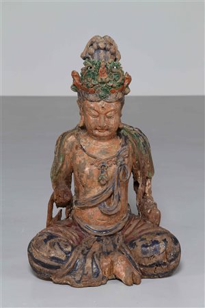 Arte Cinese Statua in legno policromo raffigurante Guanyin assisa Cina,...