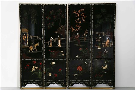 Arte Cinese Paravento a quattro ante decorato a bassorilievo pietre ed...