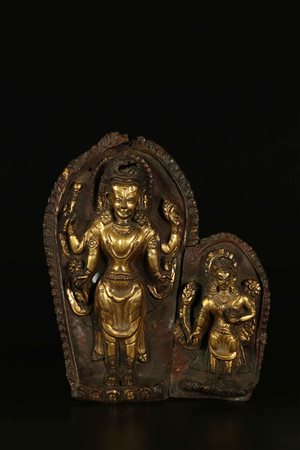 Arte Indiana Placca in rame sbalzato e dorato India, Hymachal Pradesh, XV -...