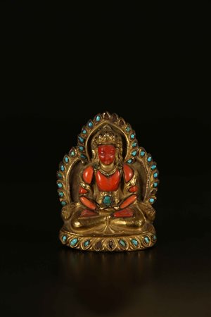 Arte Himalayana Statua in bronzo dorato lavorato a sbalzo, corallo e turchesi...