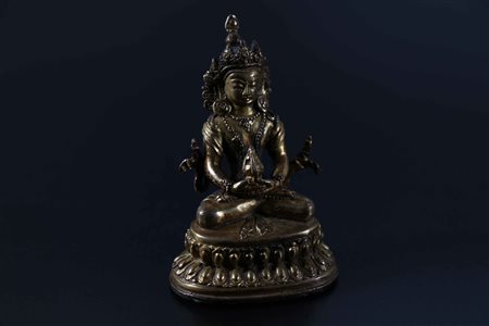Arte Himalayana Statua in bronzo dorato raffigurante Buddha Amitayus Tibet,...