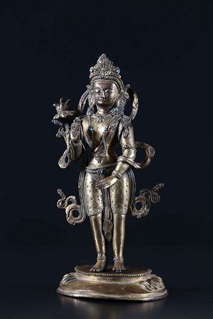 Arte Himalayana Statua in bronzo dorato raffigurante Ksitigarbha Tibet, fine...