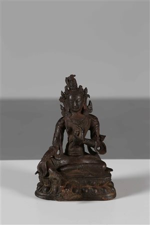 Arte Himalayana Statua in rame raffigurante Tara Verde Tibet, XVIII secolo....
