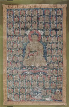 Arte Himalayana Thangka raffigurante uno dei Buddha del passato Cina/Tibet,...