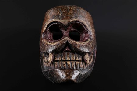 Arte Himalayana Maschera in legno intagliato raffigurante un teschio Nepal...