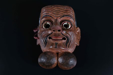 Arte Himalayana Maschera in legno policromo intagliato raffigurante un...