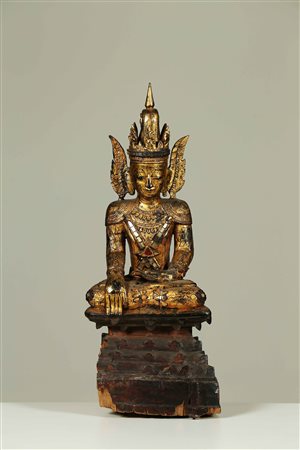 Arte Sud-Est Asiatico Scultura in legno raffigurante Buddha Birmania, fine...