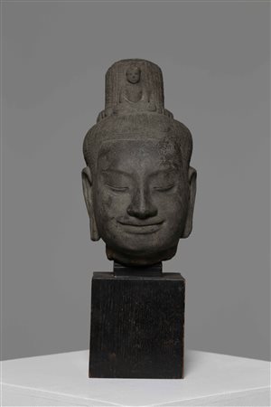 Arte Sud-Est Asiatico Testa di Buddha Khmer in pietra Cambogia, XII - XIII...