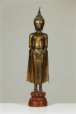 Arte Sud-Est Asiatico Buddha stante in stile U Thong in bronzo parzialmente...