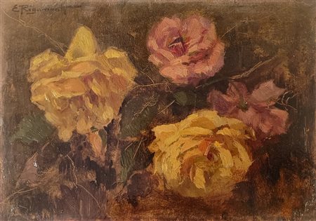 RIGAMONTI ERNESTO Milano (Mi) 1864 Rose Olio su tavoletta 20,00x27,00 Firmato...