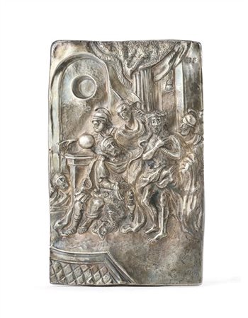Bassorilievo in argento raffigurante Cristo davanti a Ponzio Pilato. Punzoni au