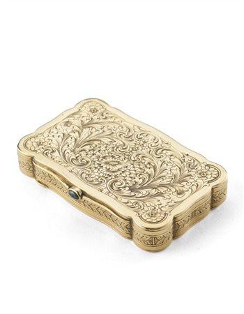 Snuff box di forma rettangolare in oro 18kt a profilo mistilineo riccamente inc