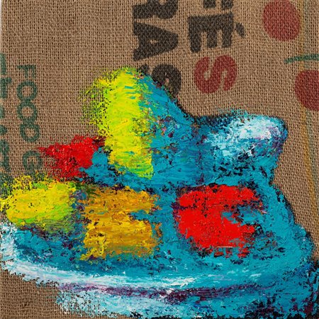 Hannu Palosuo (Helsinki, 1966 - ) 
Vanitas vanitatum 2022
Olio su sacco di caffè 35x35 cm