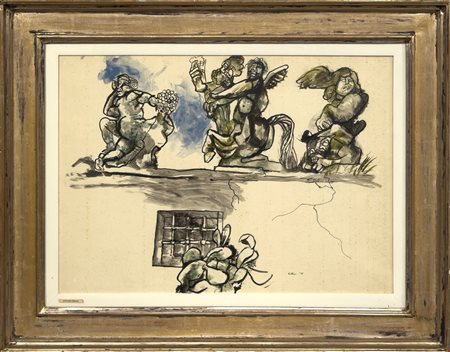 Renato Guttuso (Bagheria, 1911 - Roma, 1987) 
Mattino fantastico a Palagonia 1973
Tecnica mista su carta intelata 50x70 cm