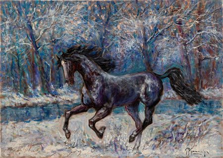 Giovan Francesco Gonzaga (Milano, 1921 - Milano, 2007) 
Il mio sire al galoppo sulla neve 1990
Olio su tela 50x70 cm