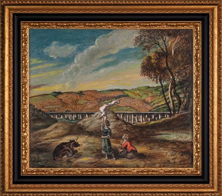 Giorgio De Chirico (Volo, 1888 - Roma, 1978) Autostrada del sole 1959Olio su tela 70x90 cm