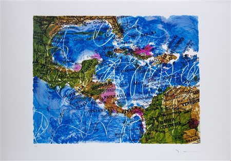 Mario Schifano (Homs, 1934 - Roma, 1998) Cartina Caraibi 1996Serigrafia materica 70x100 cm
