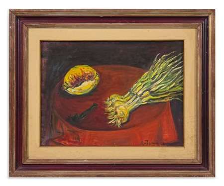 FUNI ACHILLE (1890 - 1972) - NATURA MORTA CON AGLI, PIPA E CONCHIGLIA SUL TAVOLO (c.1965).