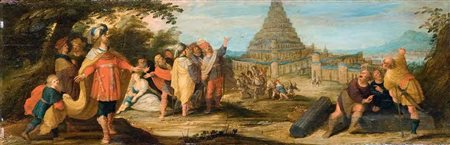 Frans Francken II (cerchia) LA TORRE DI BABELE olio su tavola, cm 25x75.