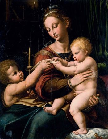 Scuola Toscana del XVII secolo MADONNA CON BAMBINO E SAN GIOVANNINO olio su...