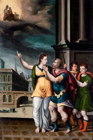 Scuola Francese ﬁne del XVI secolo AUGUSTO E LA SIBILLA TIBURTINA olio su...