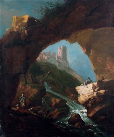 Antonio Marini Venezia 1668 – 1725 PAESAGGIO CON ARCO ROCCIOSO olio su tela,...