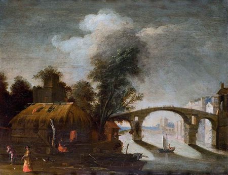 Scuola Fiamminga del XVII secolo PAESAGGIO FLUVIALE olio su tavola, cm 50x65.