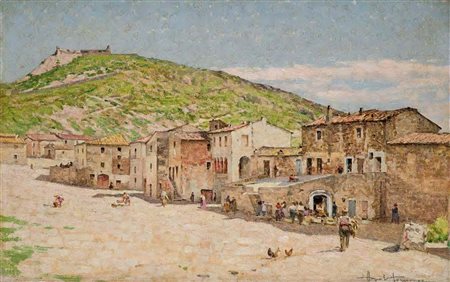 Angiolo Tommasi Livorno 1858 – Torre del Lago 1923 VEDUTA DI PAESE olio su...