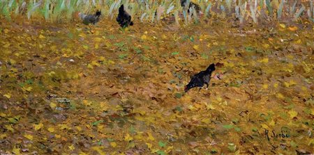 Raffaello Sorbi Firenze 1844 – 1931 NEL PRATO olio su tavola, cm 9,5x18....