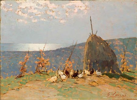 Giovanni Lomi Livorno 1889 – 1969 VEDUTA CAMPESTRE olio su tavola, cm 22x30....