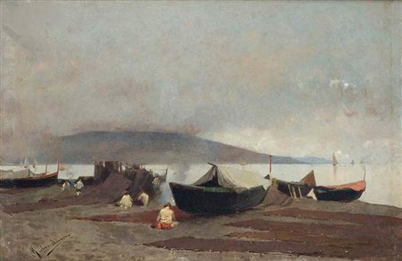 Rubens Santoro Mongrassano 1859 – Napoli 1942 AL RITORNO DALLA PESCA olio su...