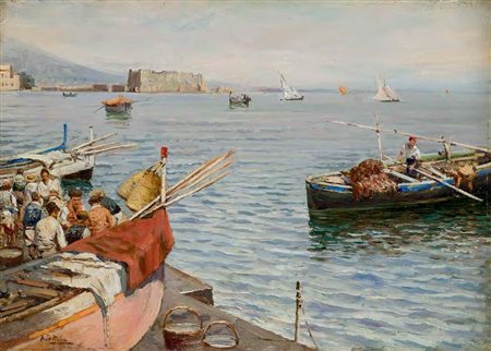 Attilio Pratella Lugo 1856 – Napoli 1949 PESCATORI A MERGELLINA olio su...