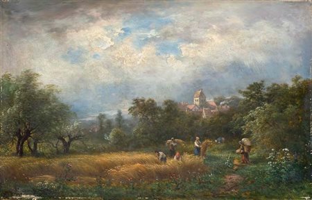 Scuola Francese del XIX secolo PAESAGGIO FRANCESE CON MIETITORI olio su...