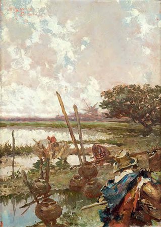 Riccardo Pellegrini Milano 1863 – Crescenzago 1934 PAESAGGIO CON PASTORE olio...