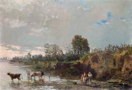 Paolo Sala Milano 1859 – 1924 MUCCHE olio su tela, cm 39,5x58. Firmato in...