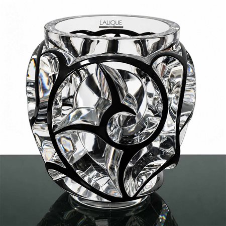 Lalique France (1888)  - Vaso modello Tourbillons in cristallo trasparente con eleganti motivi a rilievo a vortice decorati in smalto nero , 2005