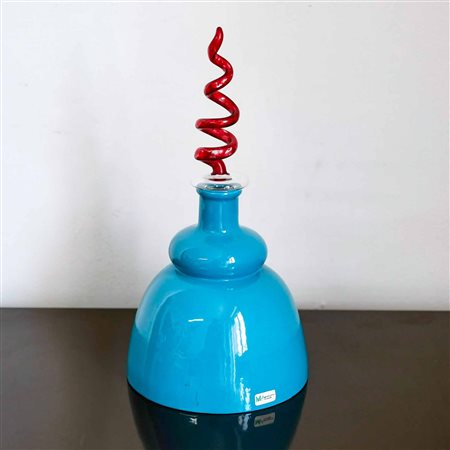Michielotto - Vaso in vetro di Murano blu con decoro sommitale a spirale rosso