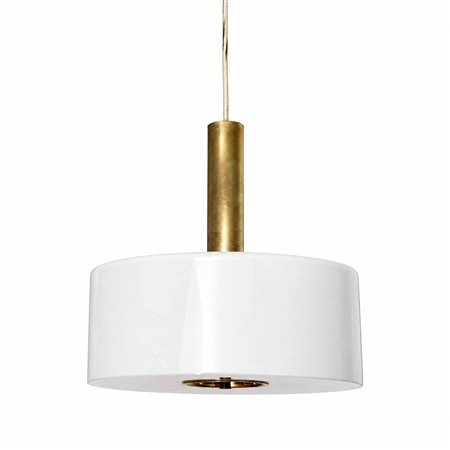 Stilux - Lampadario con paralume a tamburo in vetro opalino bianco lucido e montatura cilindrica in ottone