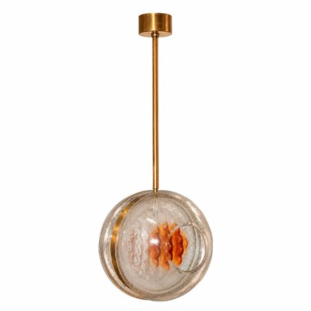 Mazzega (attribuito a) - Lampadario in vetro a doppio lobo sferico con interno vetro colorato, 70s
