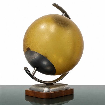 Lampada da tavolo Art Decò stile Bauhaus con diffusore in vetro acidato ambrato decorato