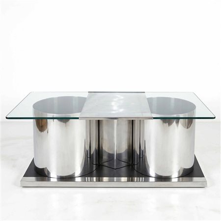 Acerbis Design - Tavolino da caffè con struttura in metallo e piano in vetro nero fumè, 70s